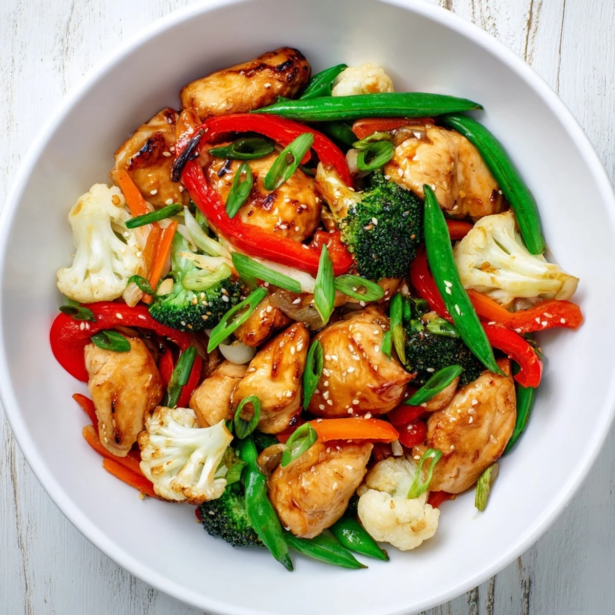 Winter Garden Low Carb Stir Fry served hot with cauliflower rice on the side, highlighting red bell peppers and tender tofu for a healthy meal.