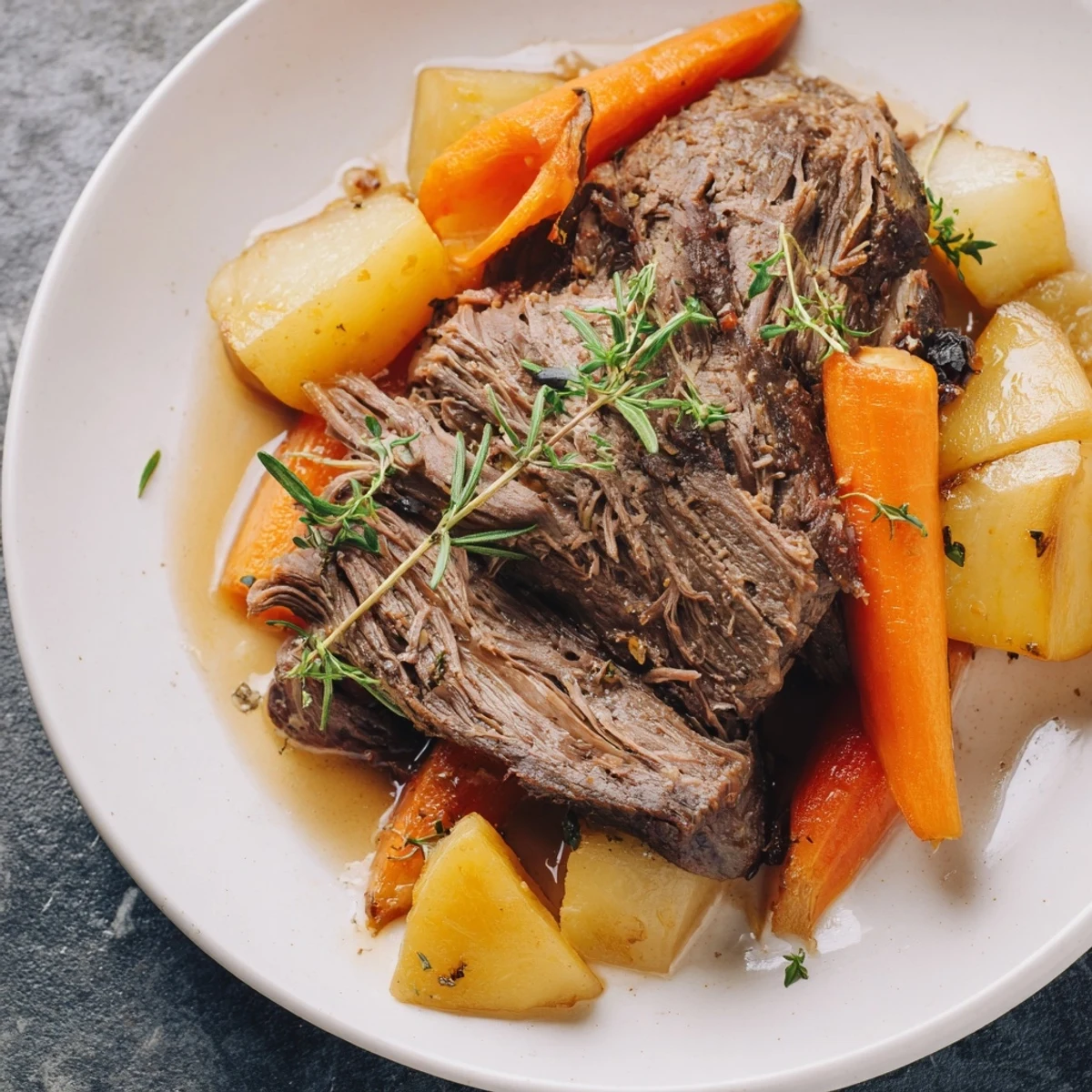 A hearty Snowy Day Paleo Roast with tender beef and caramelized root vegetables steaming in a Dutch oven.