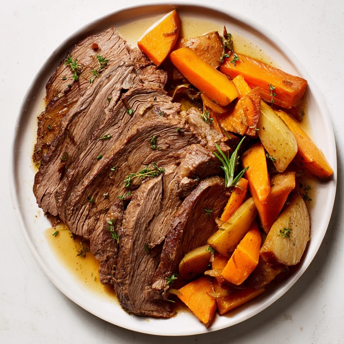 The Snowy Day Paleo Roast features golden roasted carrots, parsnips, and sweet potatoes surrounding succulent beef chunks.