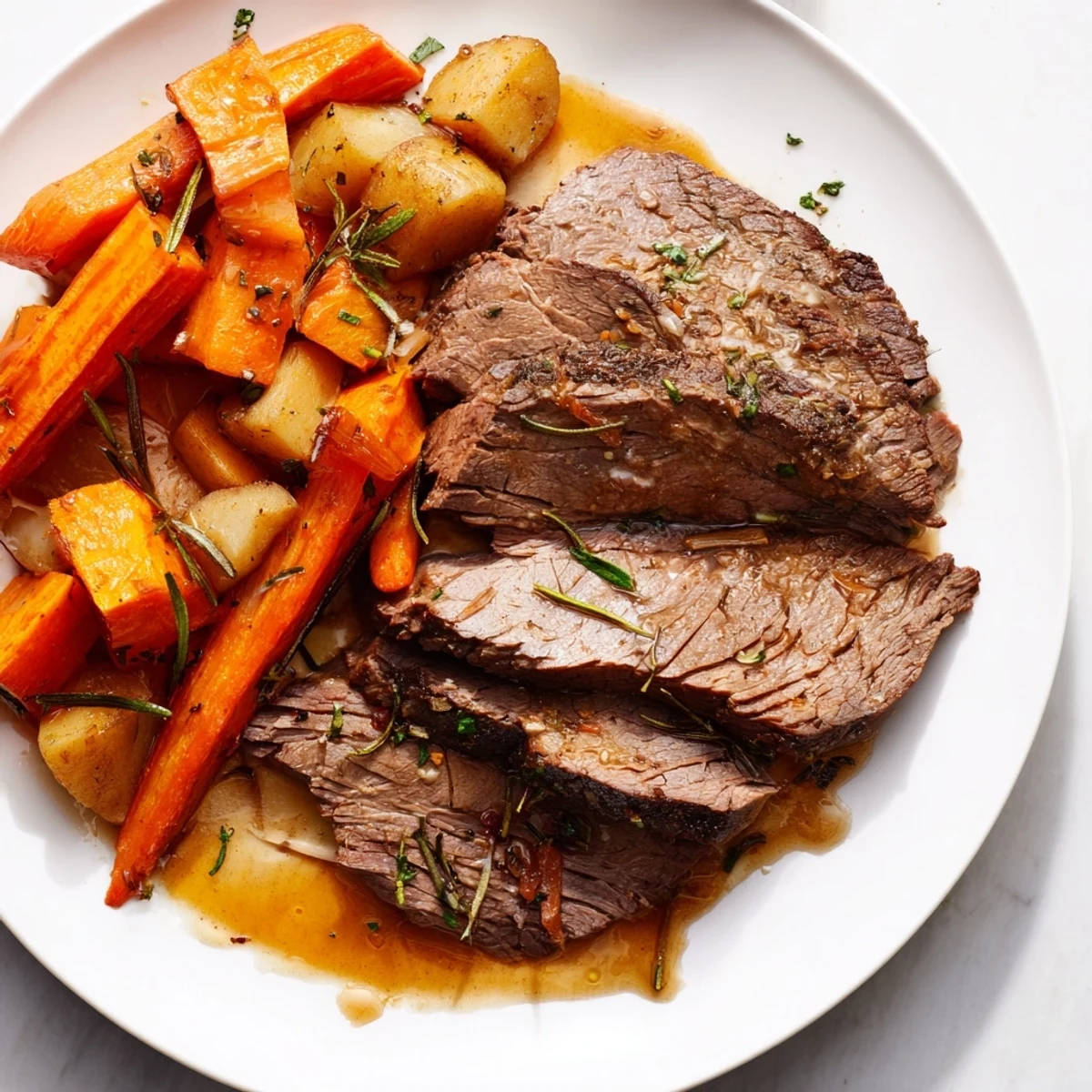 Perfectly cooked Snowy Day Paleo Roast served with aromatic herbs and pan juices for a cozy winter dinner.