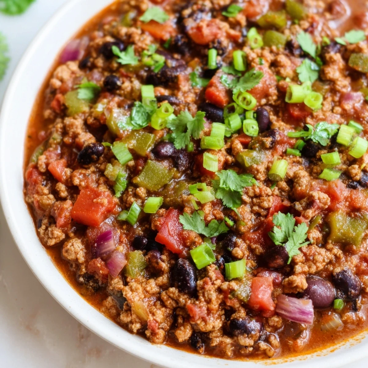 Hearty Crisp Air High Protein Chili simmers in a pot, steam rising above tender beans and turkey.