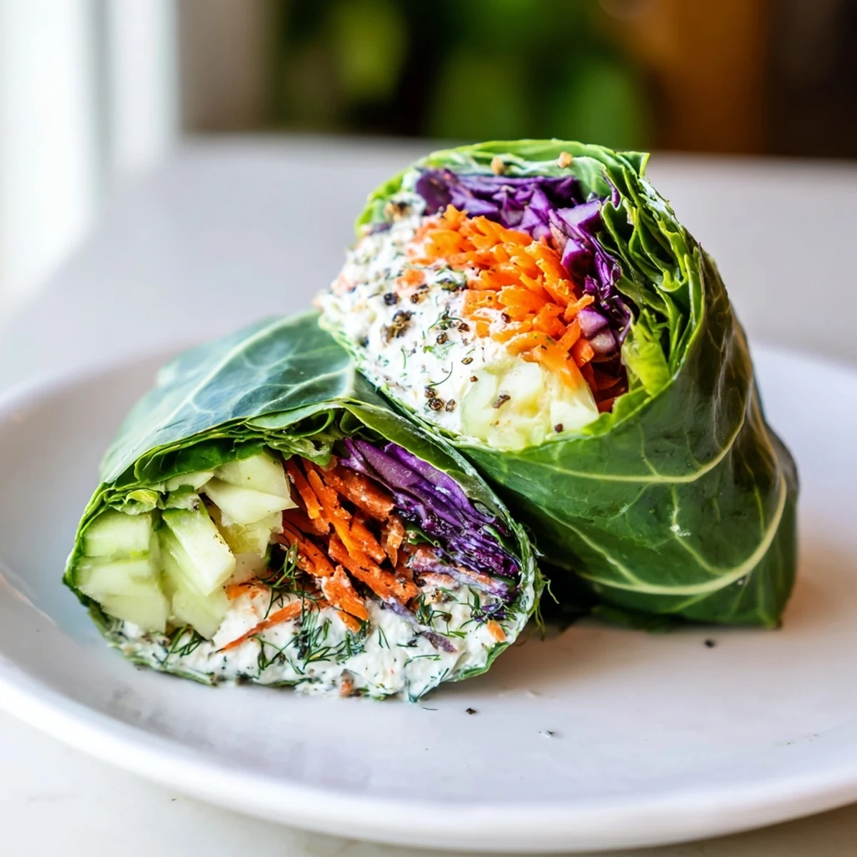 Vibrant collard wraps filled with creamy whipped feta and sweet roasted carrots for a healthy meal.