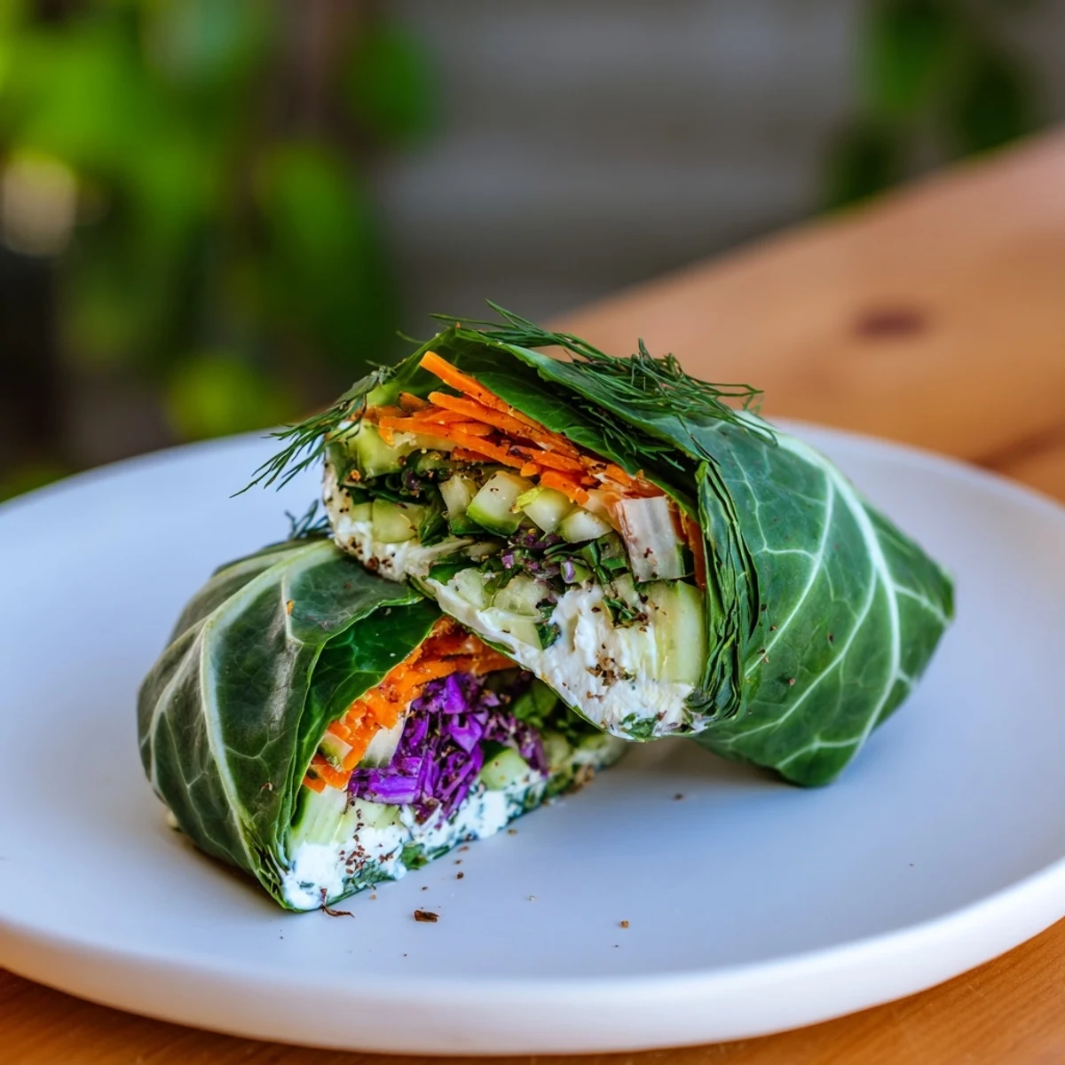 Whipped feta and roasted carrot collard wraps with fresh herbs and cool cucumber slices.