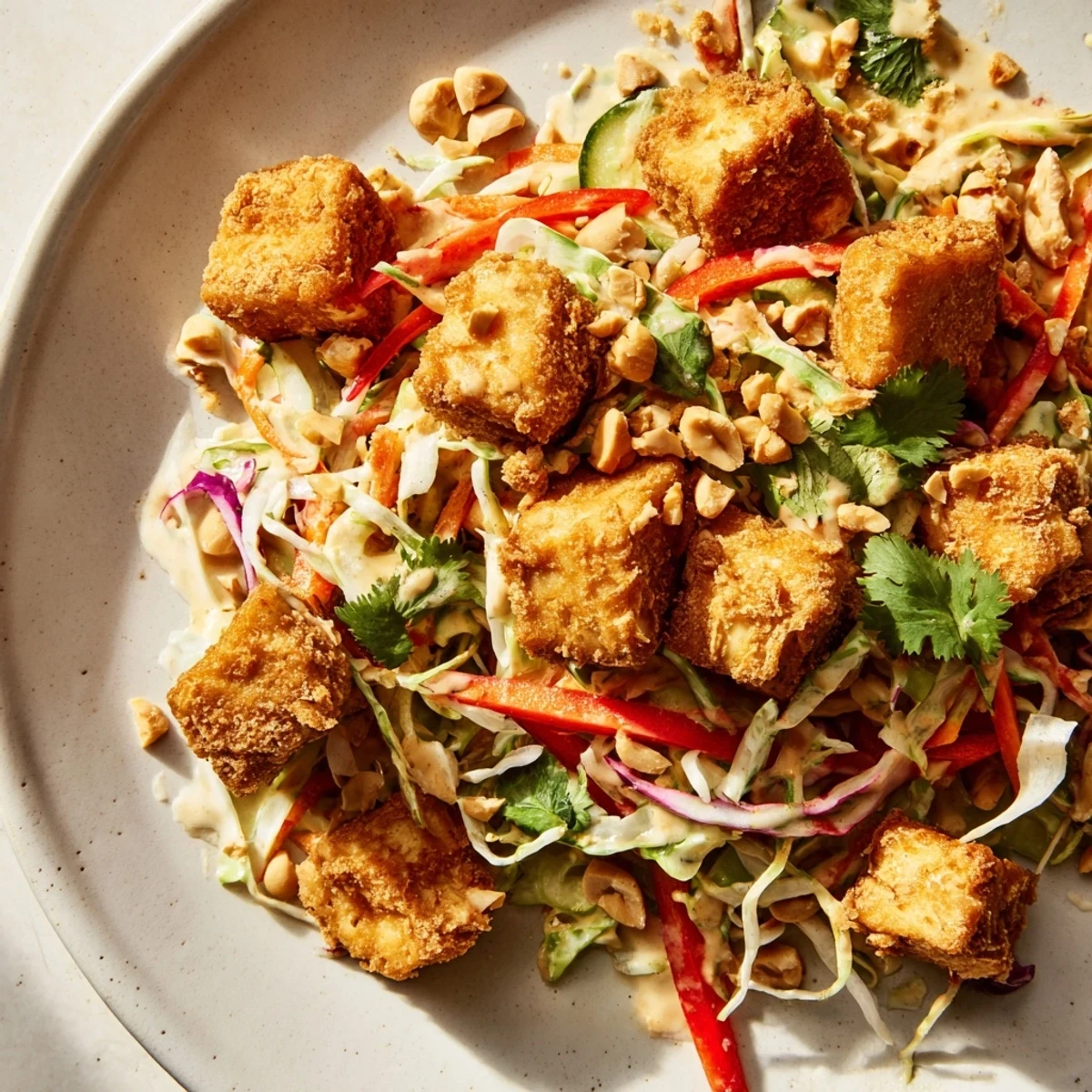 Enjoy Crispy Tofu With Spicy Peanut Lime Slaw beside steamed rice for a complete, protein-packed vegan dinner.