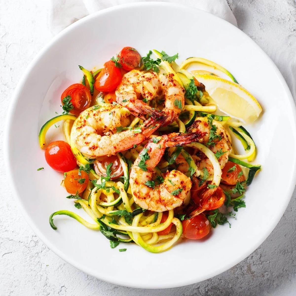 This Smoky Paprika Shrimp With Zucchini Noodles dish is served with lemon wedges and parsley.