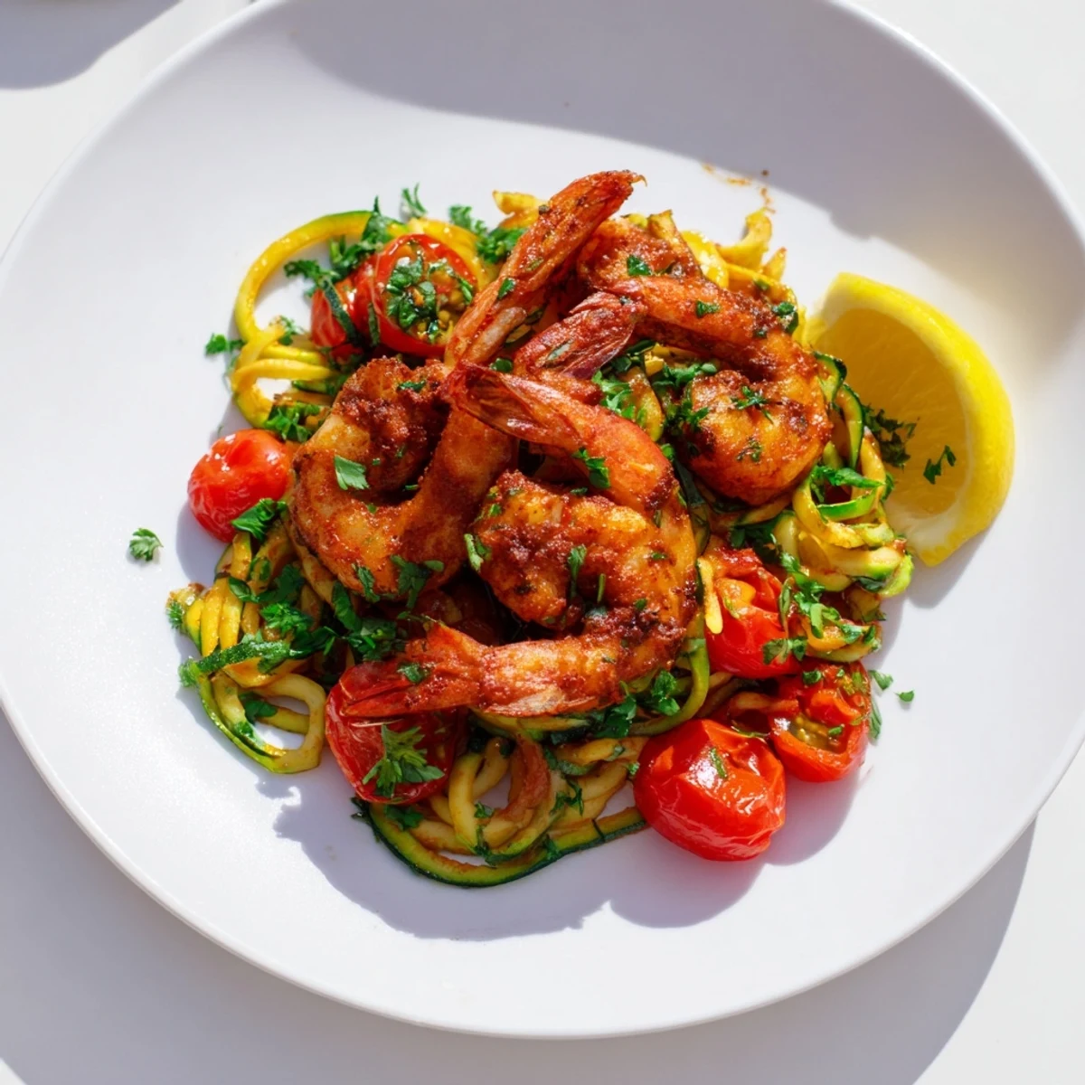 Low-carb Mediterranean dinner idea featuring succulent shrimp over tender green zucchini noodles and juicy tomatoes.
