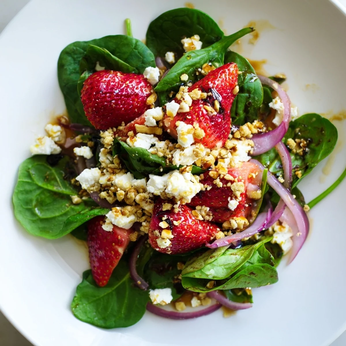 Roasted Strawberry and Spinach Salad with Almond Crumble served on a plate with vibrant red berries, basil leaves, and thinly sliced red onion.
