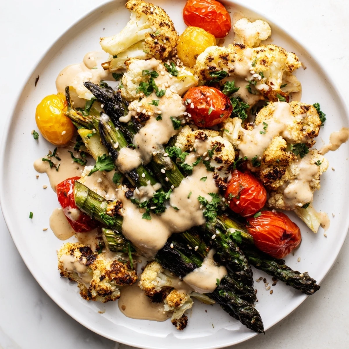 Vibrant Charred Asparagus and Lemon Tahini Cauliflower Bowl served over fluffy quinoa, drizzled with creamy sauce and topped with toasted sesame seeds.