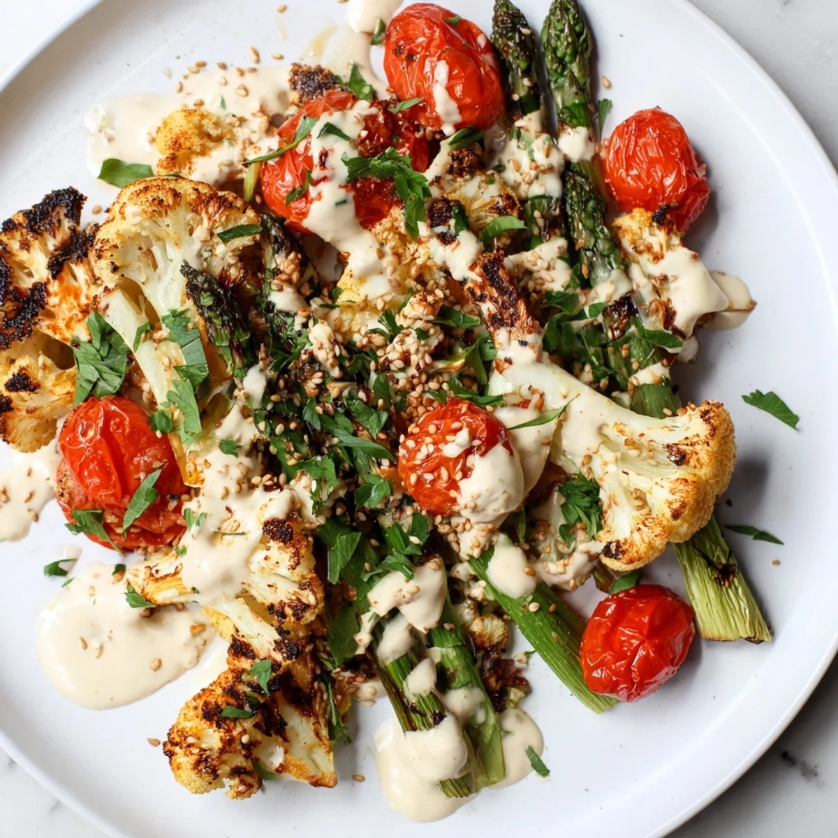 Savory Charred Asparagus and Lemon Tahini Cauliflower Bowl on a rustic plate, garnished with fresh parsley and lemon wedges for a bright Mediterranean-inspired finish.