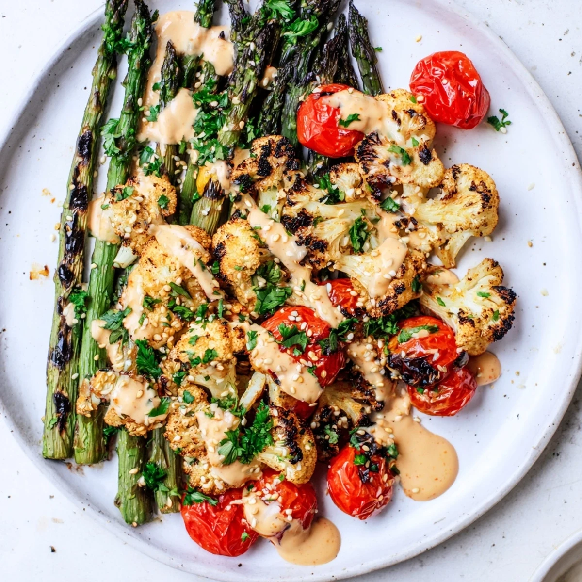 Healthy Charred Asparagus and Lemon Tahini Cauliflower Bowl with smoky roasted cauliflower, grilled asparagus, and a luscious lemon tahini drizzle on a wooden table.