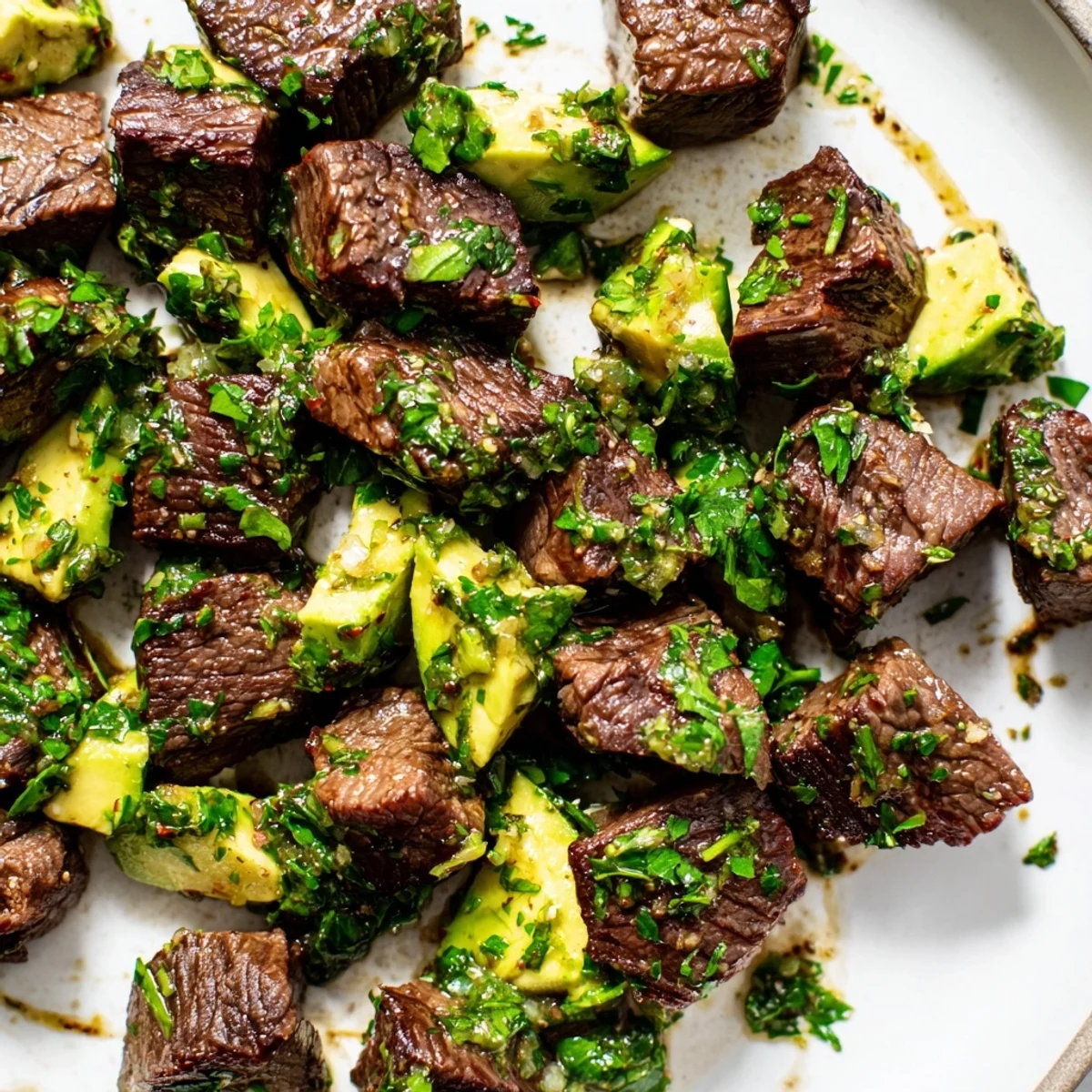Golden seared Garlic Butter Steak Bites with avocado chimichurri on a rustic plate.