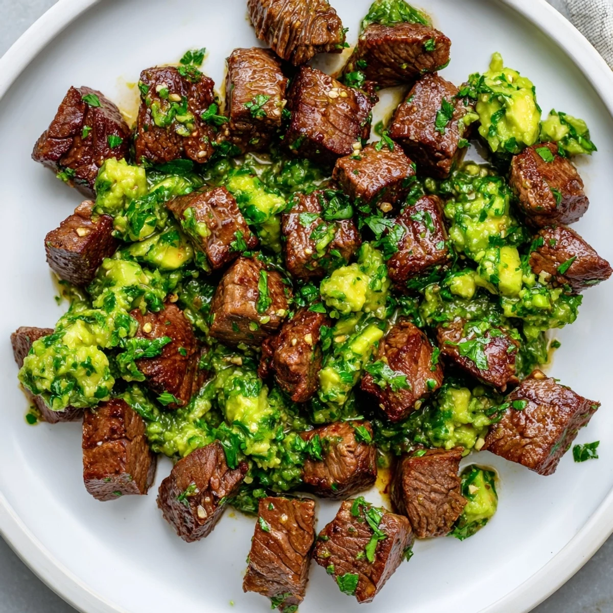 Garlic Butter Steak Bites served warm with a zesty avocado chimichurri topping.