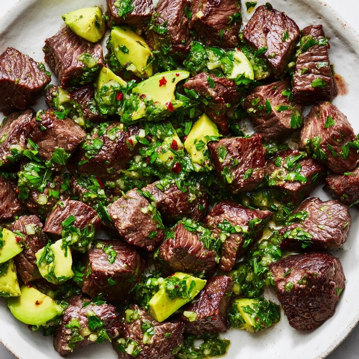 Juicy Garlic Butter Steak Bites paired with fresh avocado chimichurri and lime.