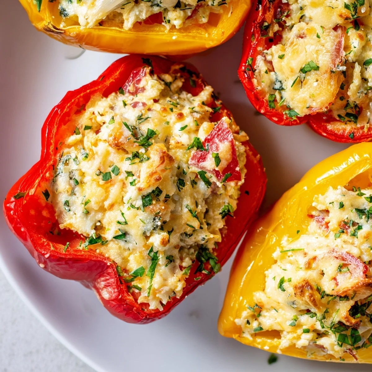 Freshly baked Creamy Cottage Cheese and Herb Stuffed Peppers sit golden-brown and bubbly in a ceramic dish.