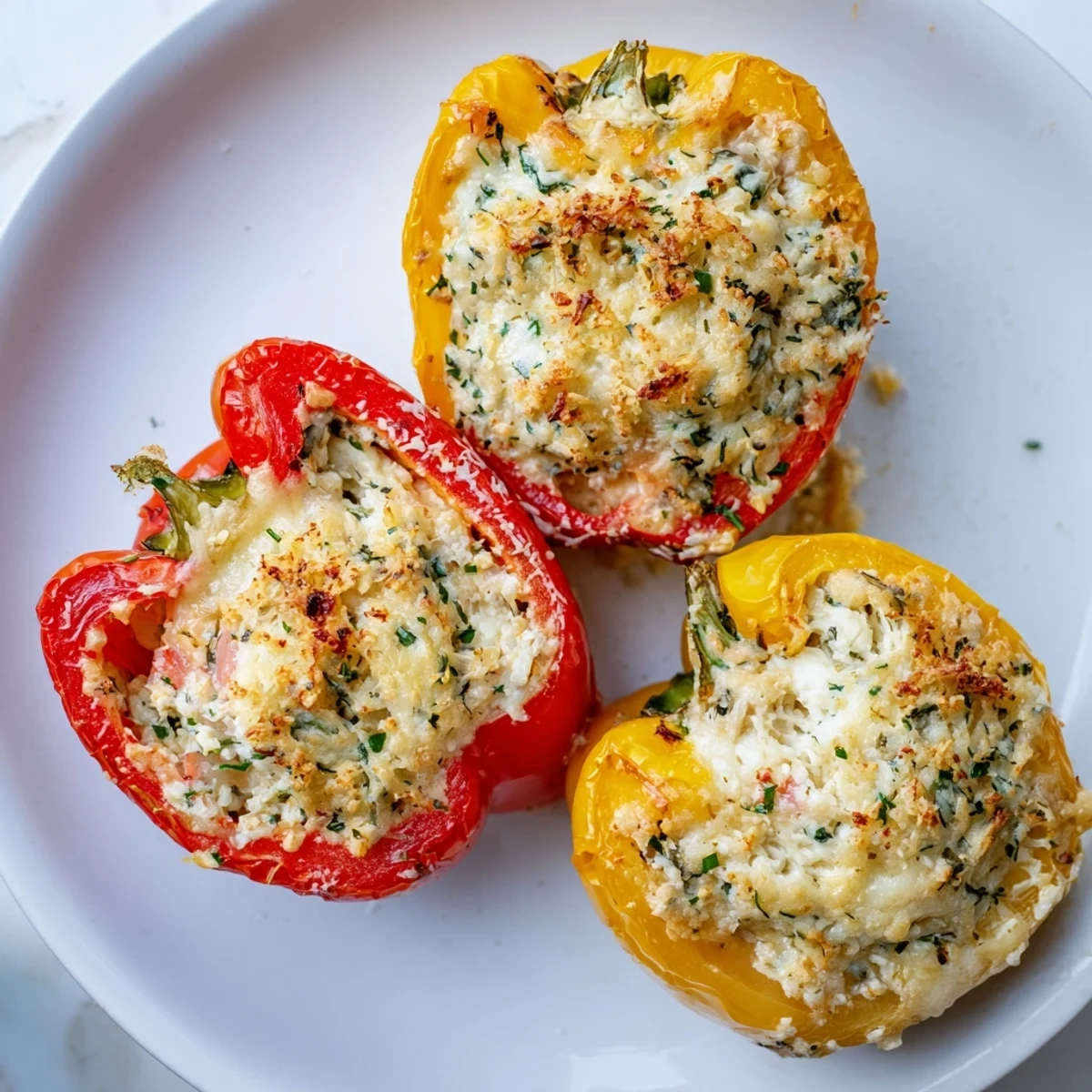 A close-up of Creamy Cottage Cheese and Herb Stuffed Peppers garnished with fresh chives and parsley.