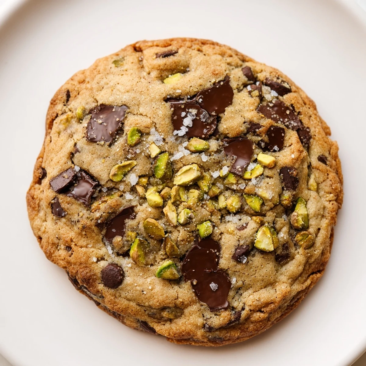 Freshly baked Brown Butter Pistachio Chocolate Chip Cookies stacked with a glass of milk.