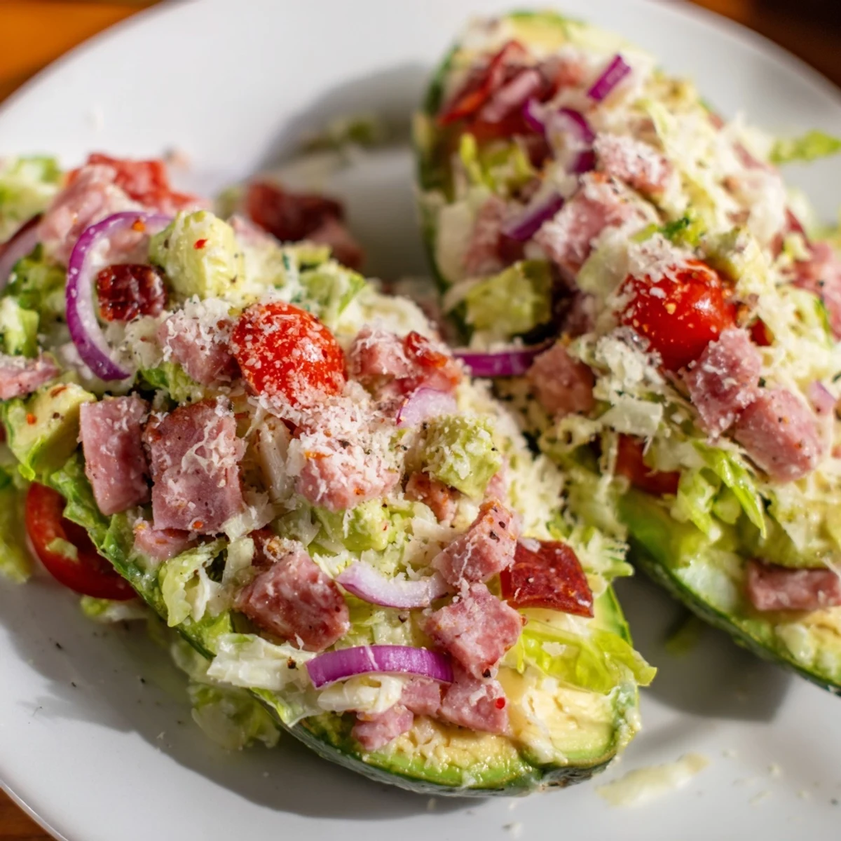 Two stuffed avocado halves with creamy grinder salad and shredded iceberg lettuce, served on a rustic plate.