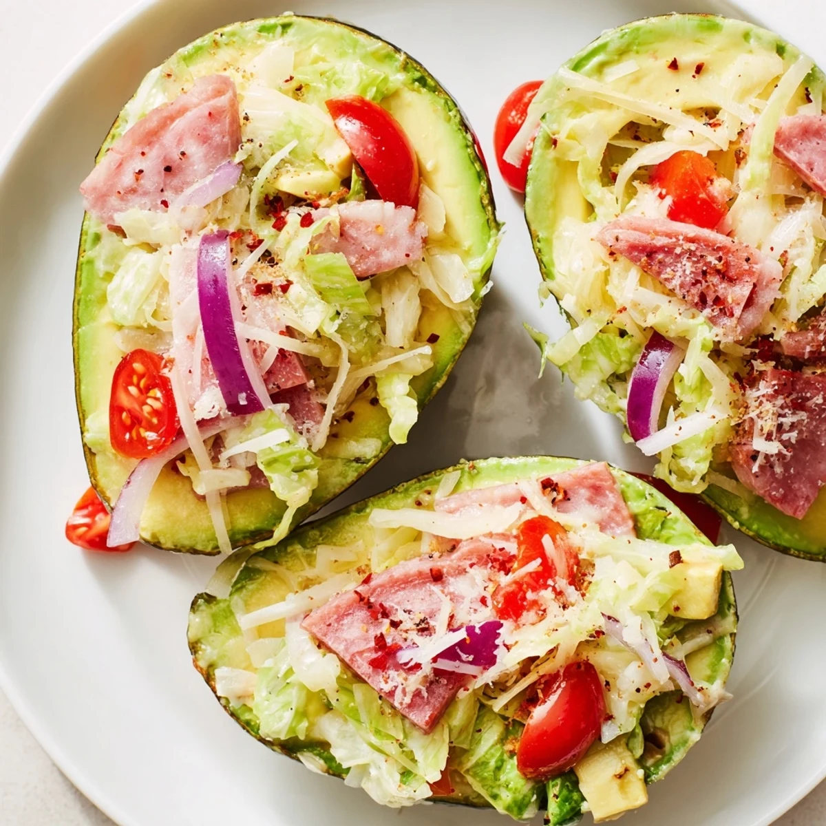 Savory Viral Grinder Salad Stuffed Avocados presented halved and generously filled with crunchy vegetables and Italian deli meats.