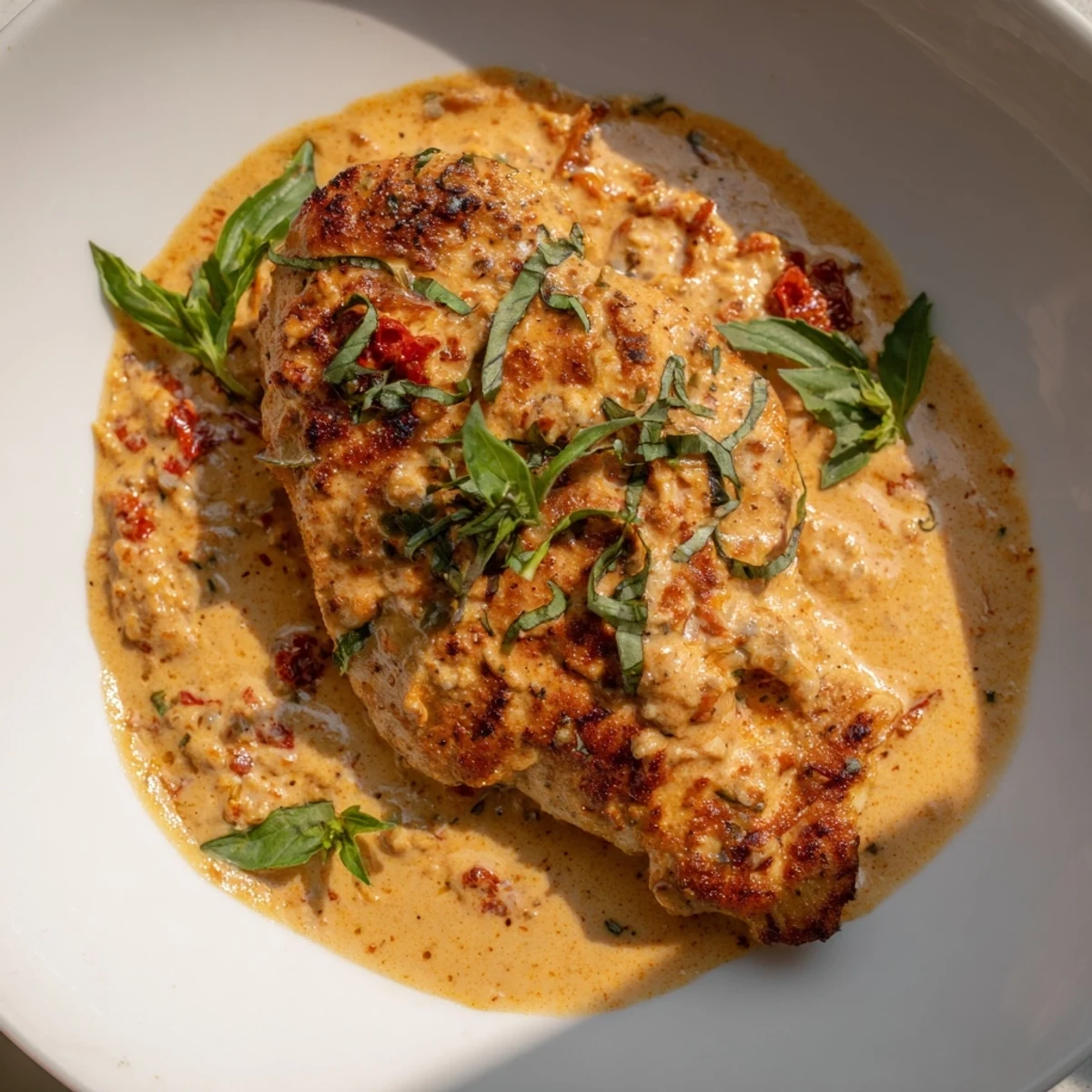 Creamy High Protein Marry Me Chicken Skillet with sun-dried tomatoes and fresh basil garnish.
