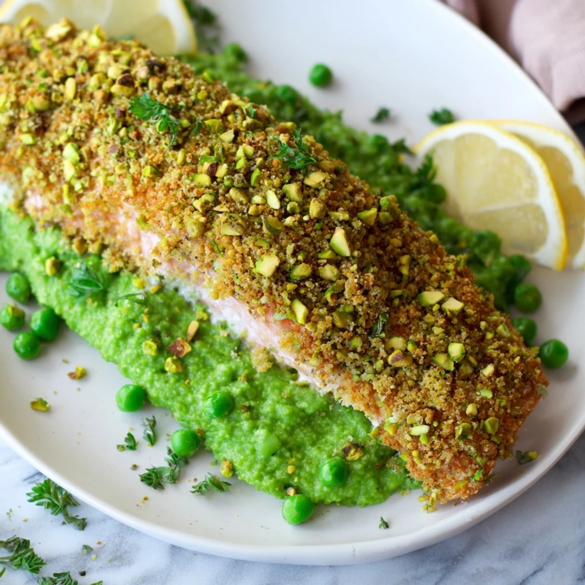 Colorful pistachio-crusted salmon with spring pea mash, finished with a sprinkle of extra chopped pistachios.