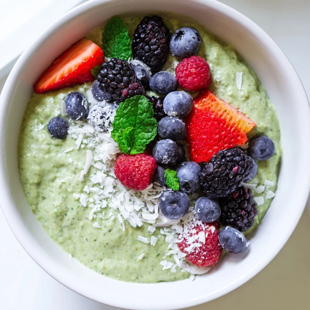 A close-up of creamy Matcha Chia Coconut Pudding With Fresh Berries, topped with juicy strawberries and blueberries.