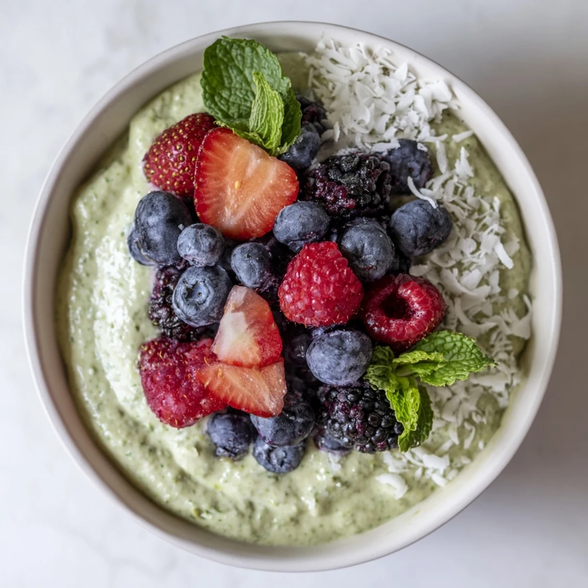 A serving glass of Matcha Chia Coconut Pudding With Fresh Berries, surrounded by whole raspberries and a spoon.