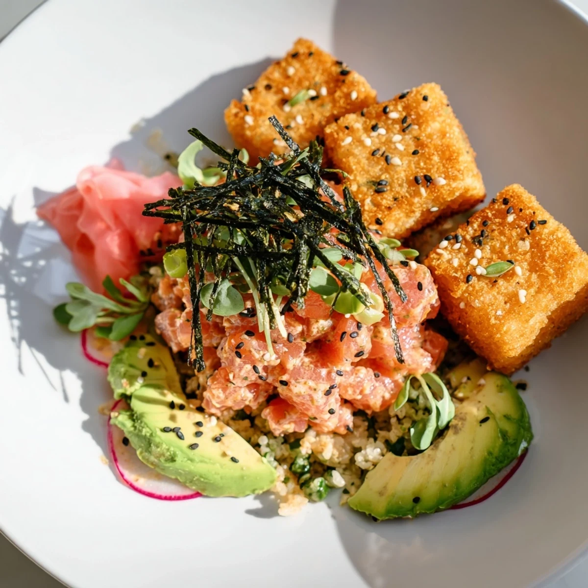 A close-up of Crispy Rice and Spicy Tuna Cauliflower Bowl with nori strips and sesame seeds garnish.