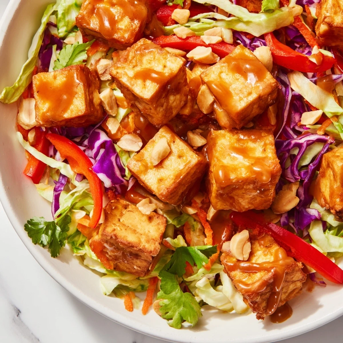 Overhead view of a serving of Spicy Peanut Tofu and Cabbage Crunch Bowl with drizzled peanut sauce.