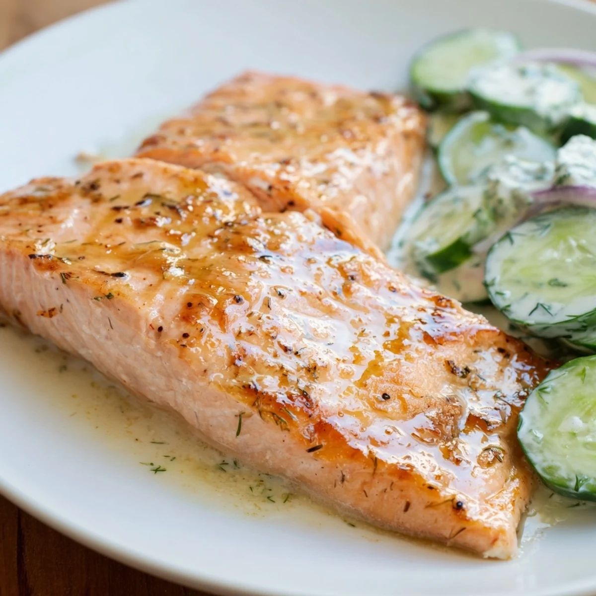 A close-up of flaky Lemon Dill Salmon With Creamy Cucumber Salad on a rustic wooden table.