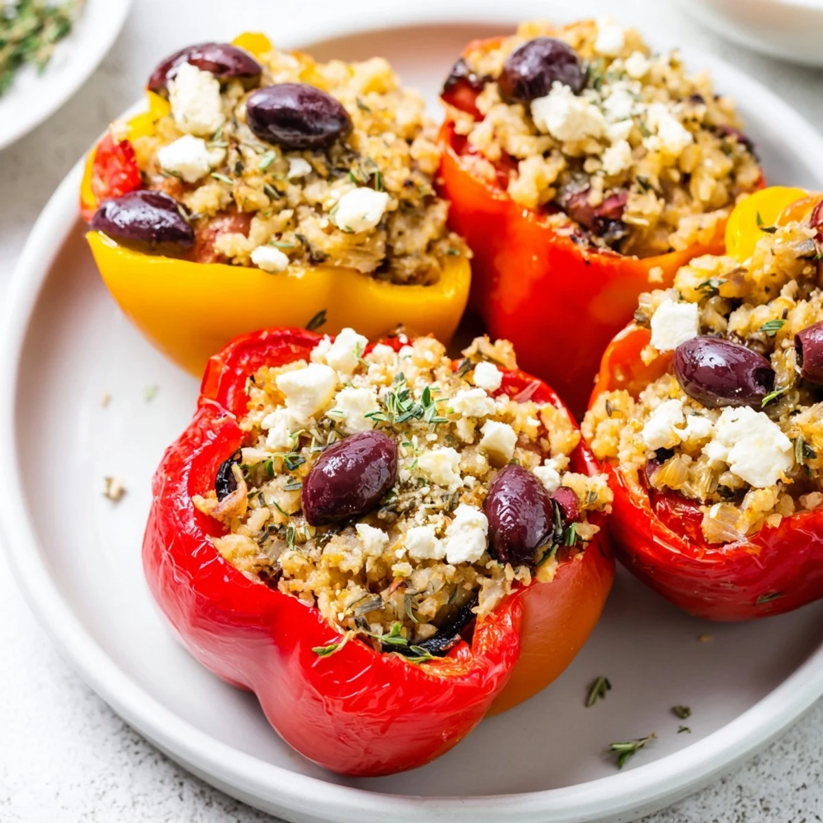 Golden baked Mediterranean cauliflower rice stuffed peppers resting in a dish, garnished with fresh mint and sliced Kalamata olives.