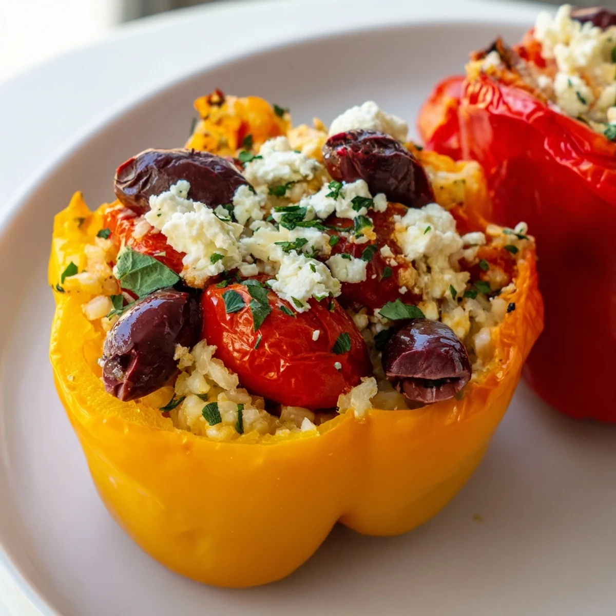 Vibrant Mediterranean cauliflower rice stuffed peppers plated with a light salad, showcasing the savory filling and melted feta topping.
