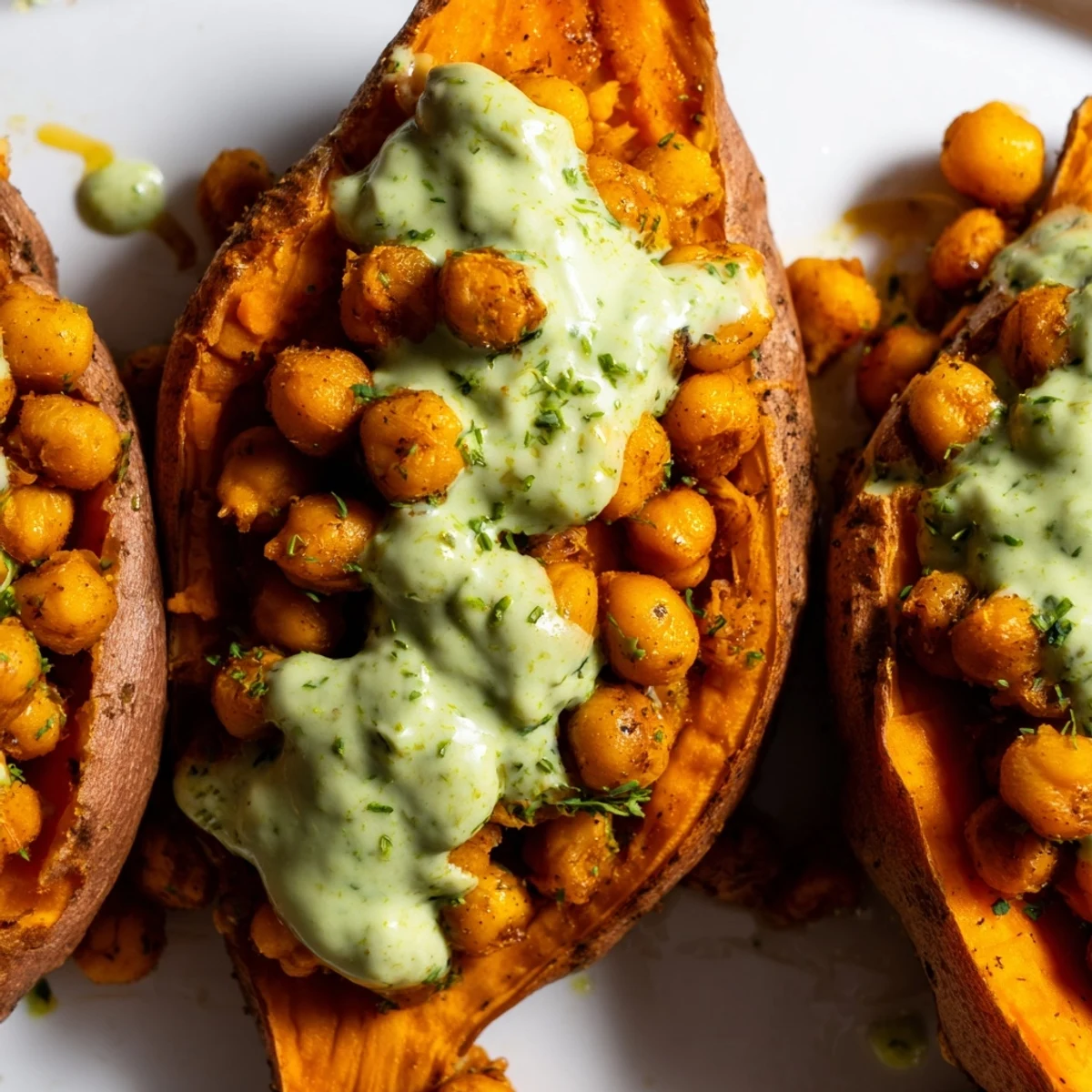 Creamy herby filling in roasted sweet potatoes topped with fresh herbs and crunchy seeds.