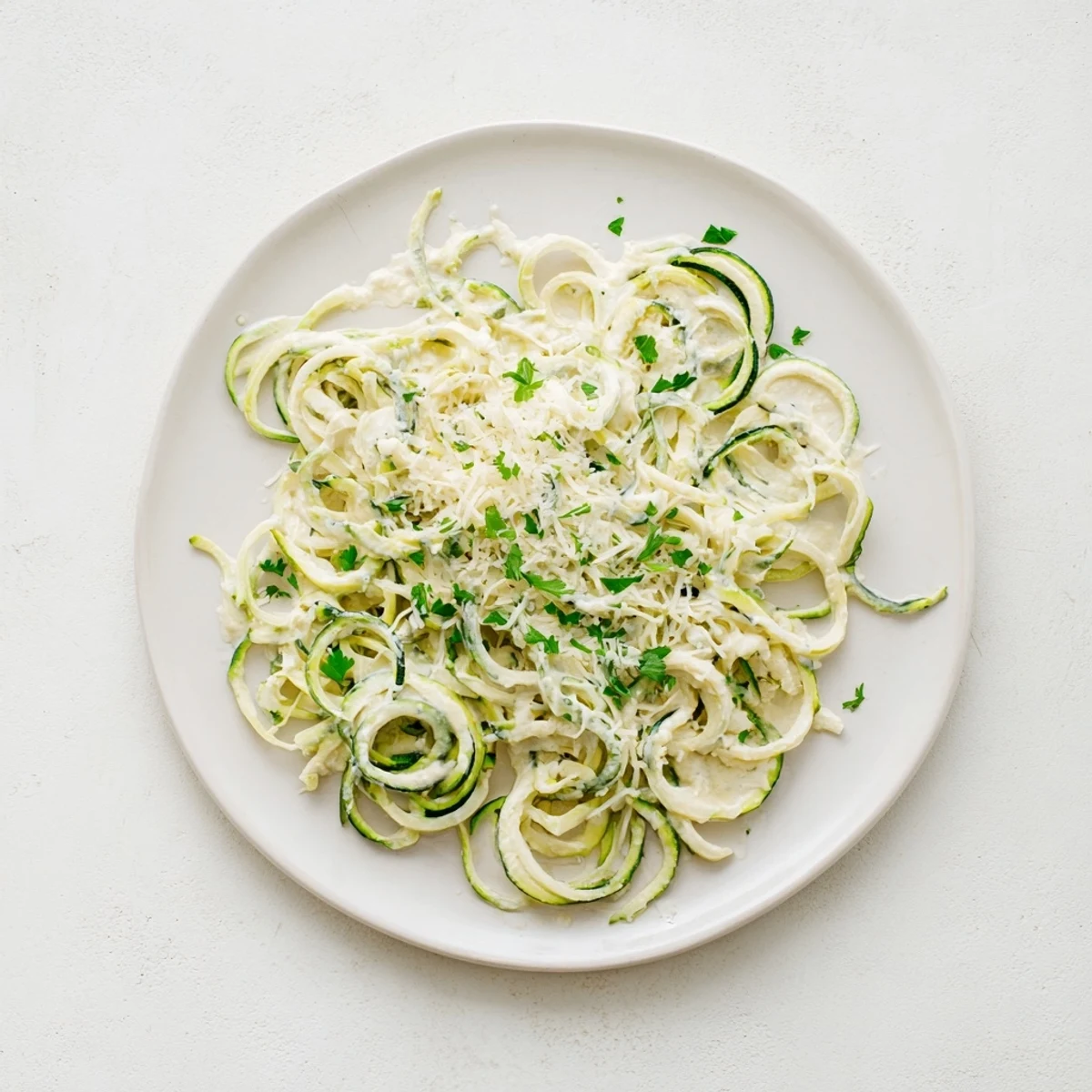 Cottage Cheese Alfredo Zucchini Noodles served warm with a creamy white sauce and fresh parsley garnish.