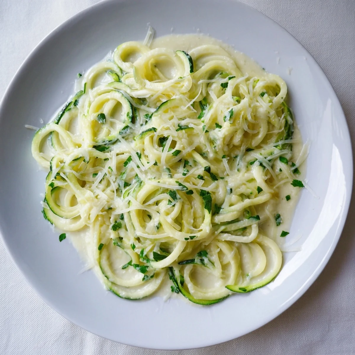 A close-up of Cottage Cheese Alfredo Zucchini Noodles in a skillet, glistening with garlicky sauce.