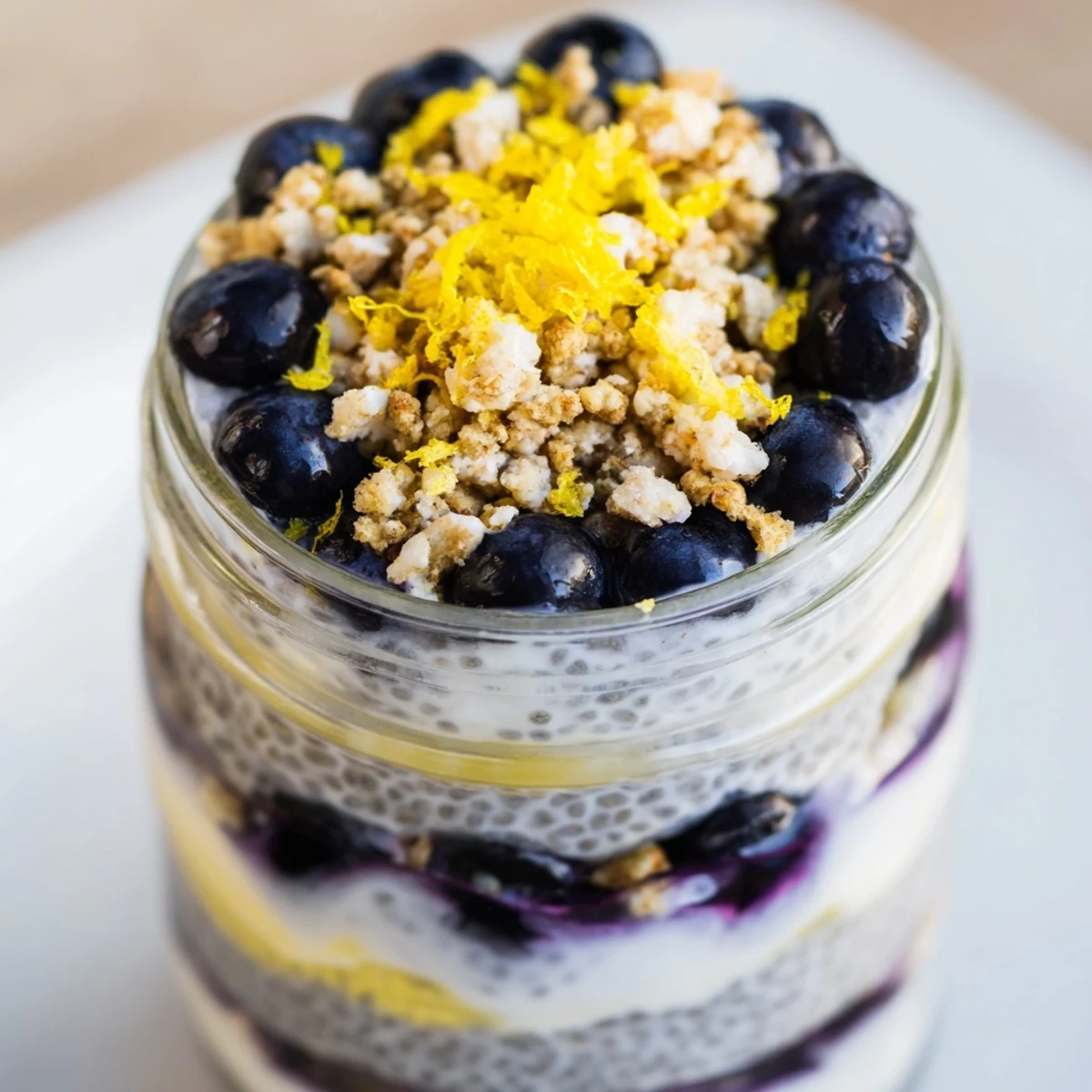 A close-up of layered Blueberry Lemon Protein Chia Parfait with creamy yogurt and fresh berries.  