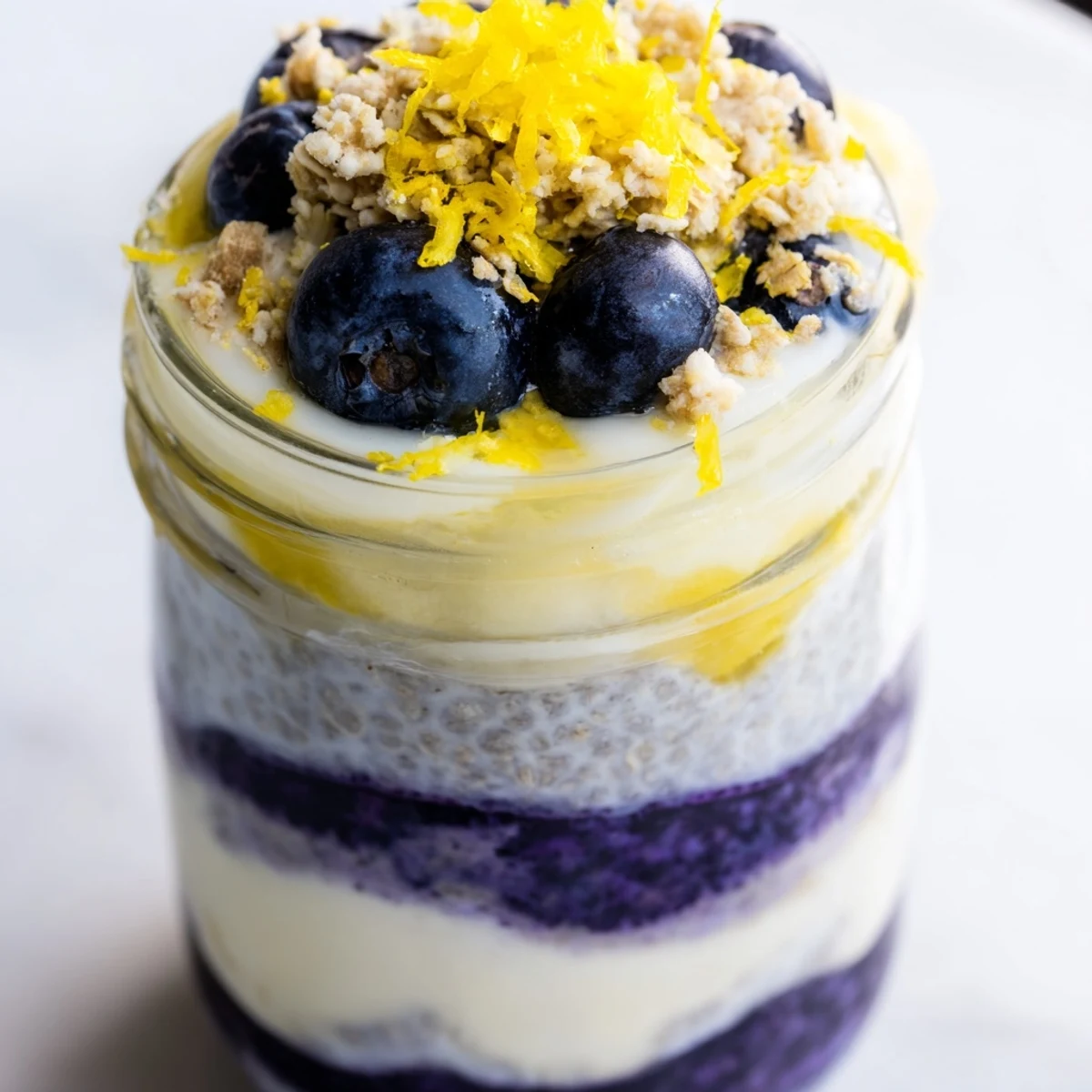 A spoon diving into Blueberry Lemon Protein Chia Parfait revealing chia pudding and lemon zest.
