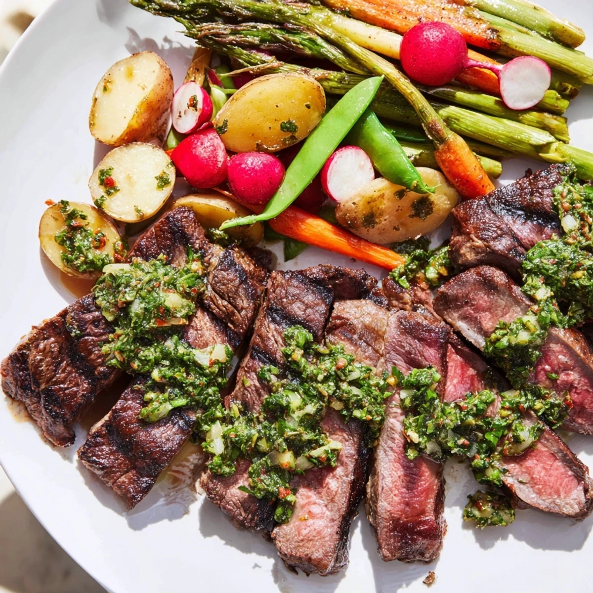 Sliced grilled ribeye drizzled with herb-packed chimichurri sauce alongside roasted asparagus, carrots, and baby potatoes for a vibrant meal.