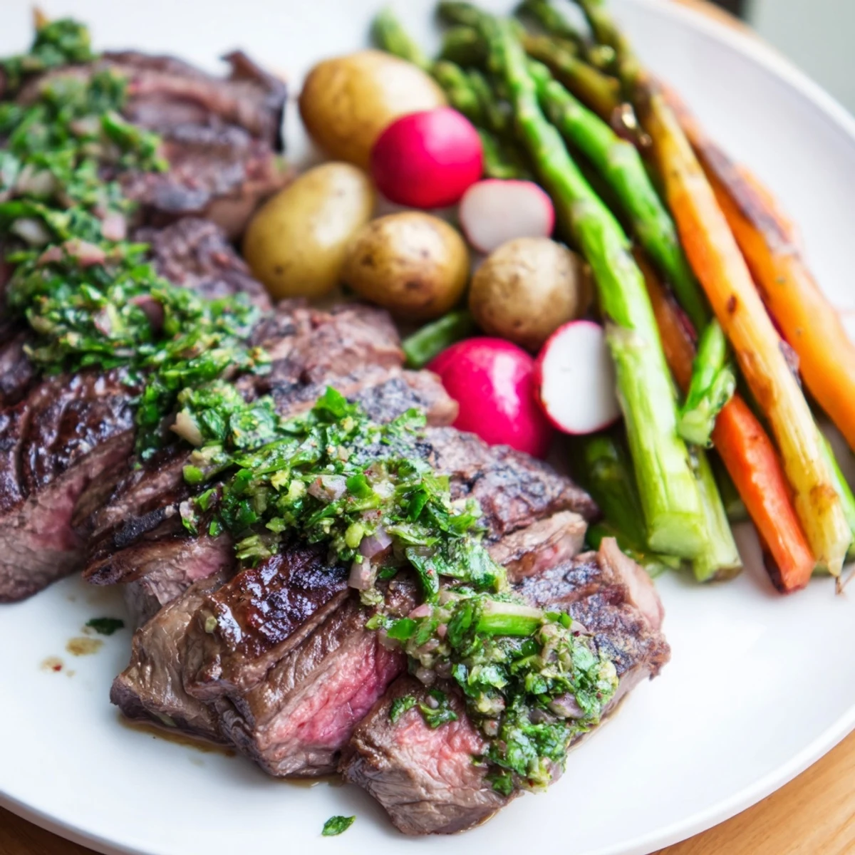 Juicy grilled steak topped with fresh chimichurri sauce served with colorful roasted spring vegetables like radishes and snap peas.