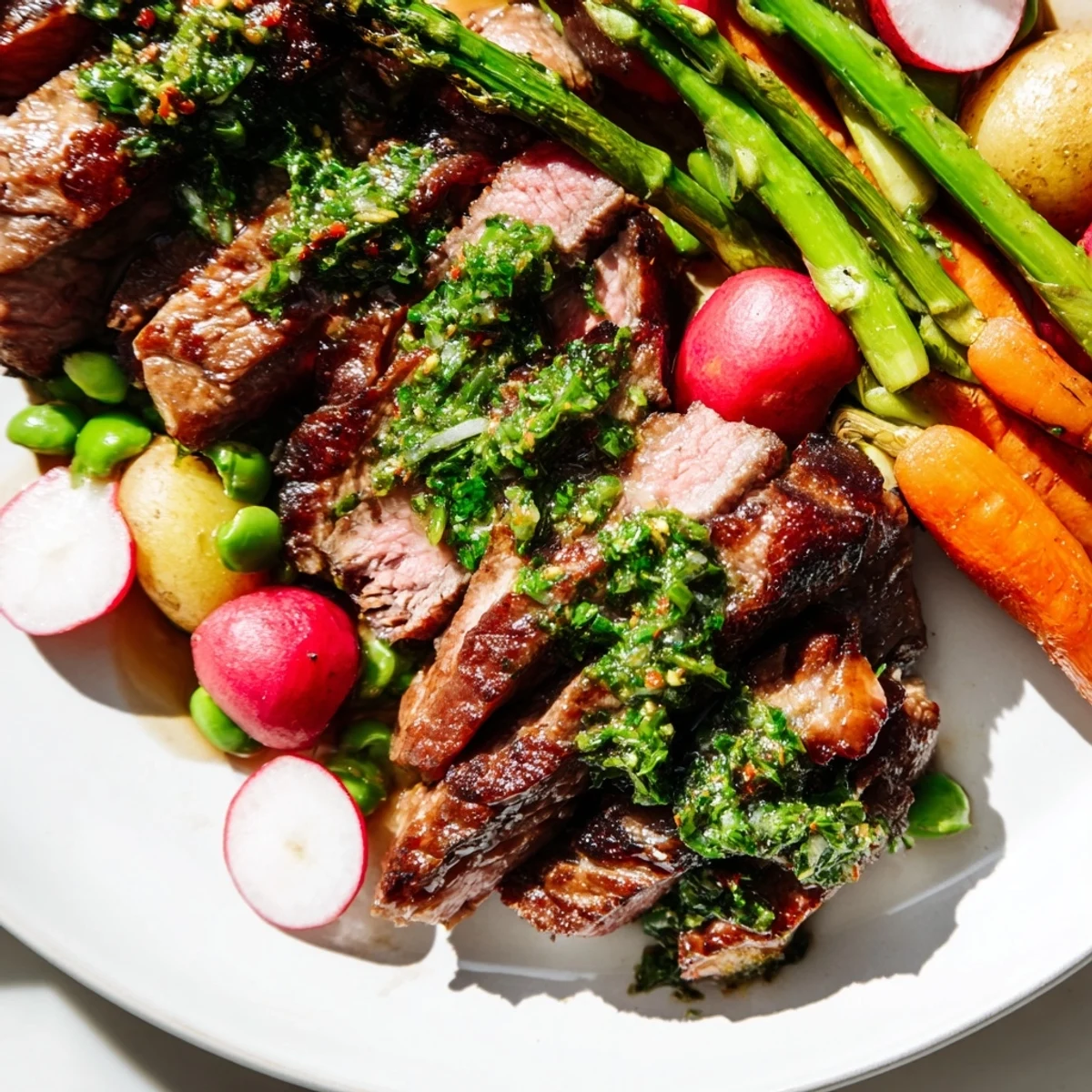 Plated chimichurri steak with tender roasted vegetables and lemon drizzle, perfect for a gluten-free spring dinner for four.