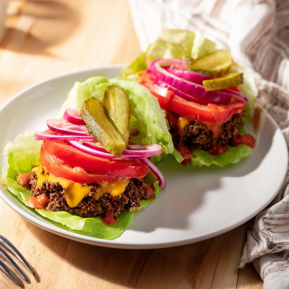 Crispy Smash Burger Lettuce Wraps with Secret Sauce showcase juicy, crisp-edged patties nestled in fresh butter lettuce leaves with tangy sauce drizzled over ripe tomato slices.