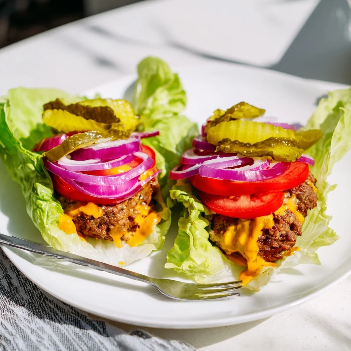 Golden, cheese-topped smash burgers served as Crispy Smash Burger Lettuce Wraps with Secret Sauce wrapped in crunchy lettuce with red onion and dill pickles for a light meal.