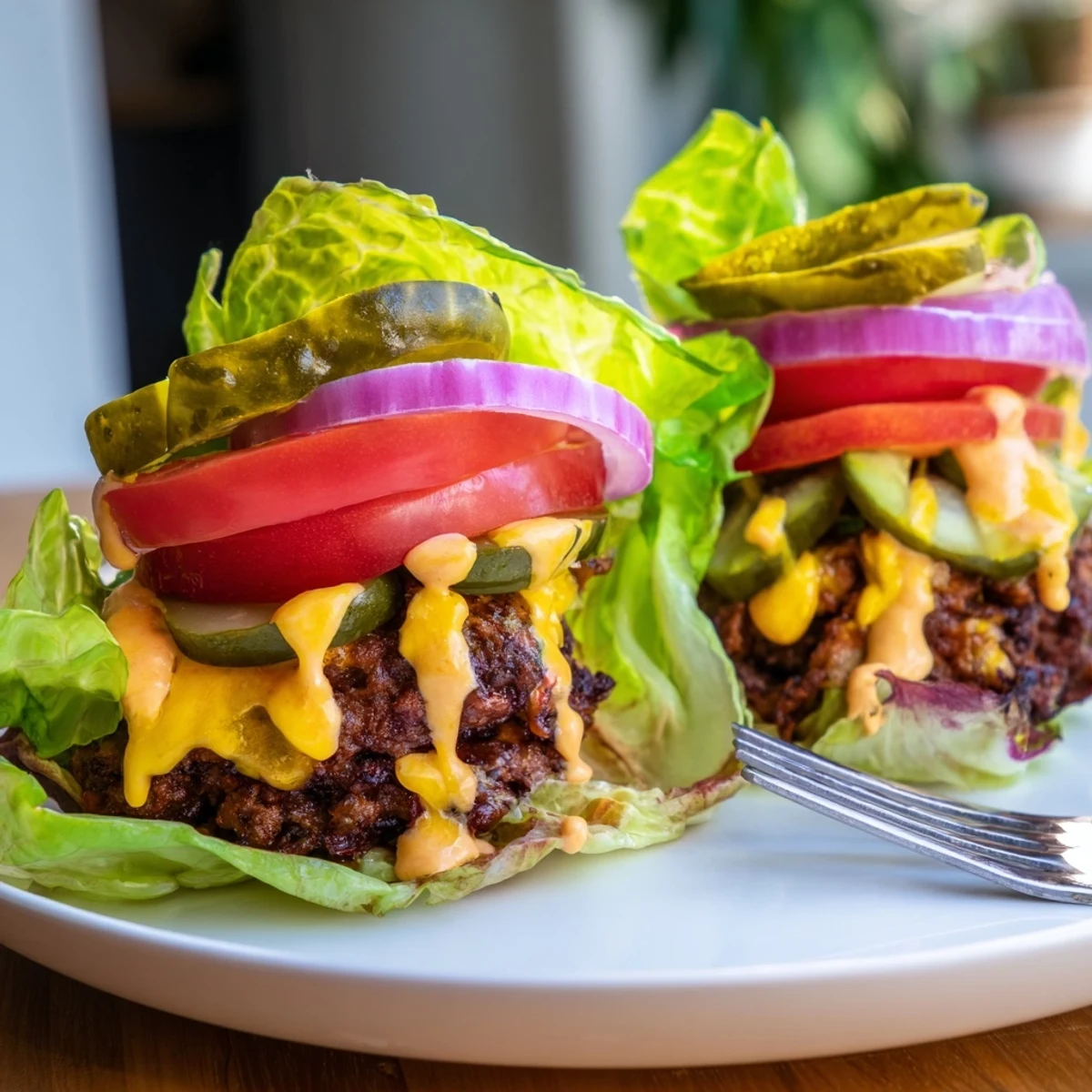 A close-up of Crispy Smash Burger Lettuce Wraps with Secret Sauce reveals melted cheddar, fresh lettuce cups, and a creamy secret sauce perfect for low-carb American dinners.