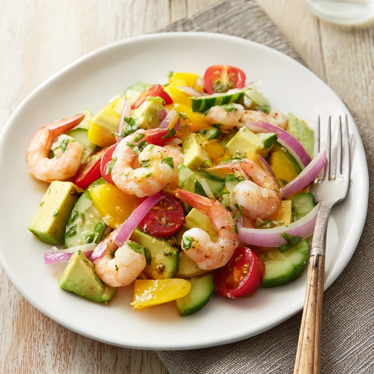 A close-up of vibrant Mango Lime Shrimp and Avocado Salad with cherry tomatoes, red onion, cucumber, and cilantro garnish on a white plate.