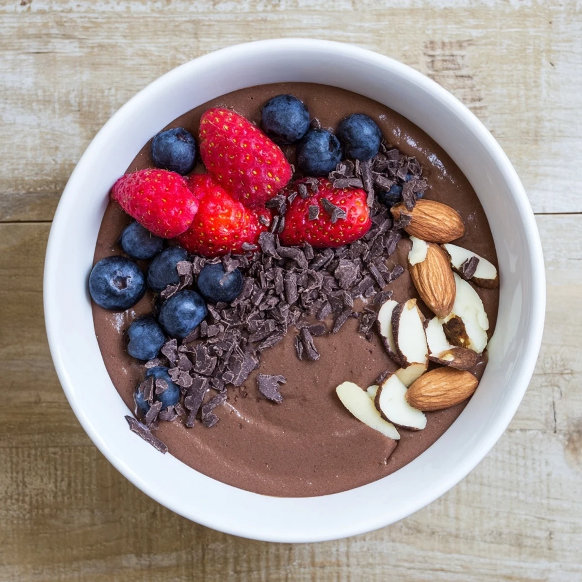 Close-up of rich Chocolate Avocado Protein Mousse showing a smooth, glossy texture in a dessert dish.