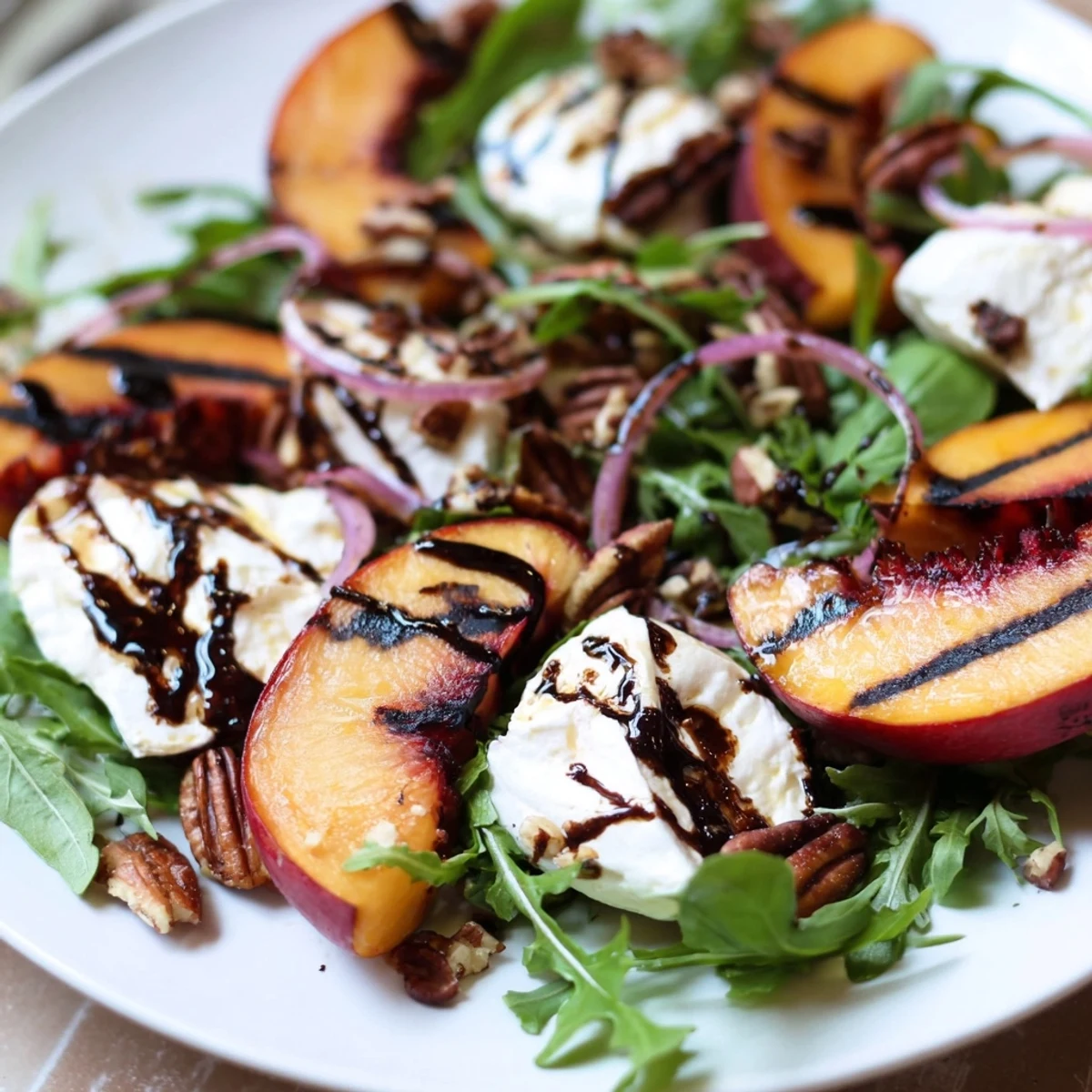 Vibrant summer salad recipe featuring juicy grilled peaches, torn burrata, and arugula dressed in a sweet honey balsamic vinaigrette.
