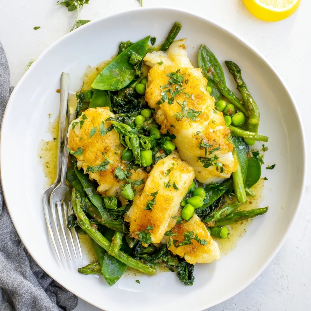 Lemon Garlic Butter Cod With Spring Greens served alongside crisp-tender asparagus and sugar snap peas, creating a fresh, vibrant main dish.