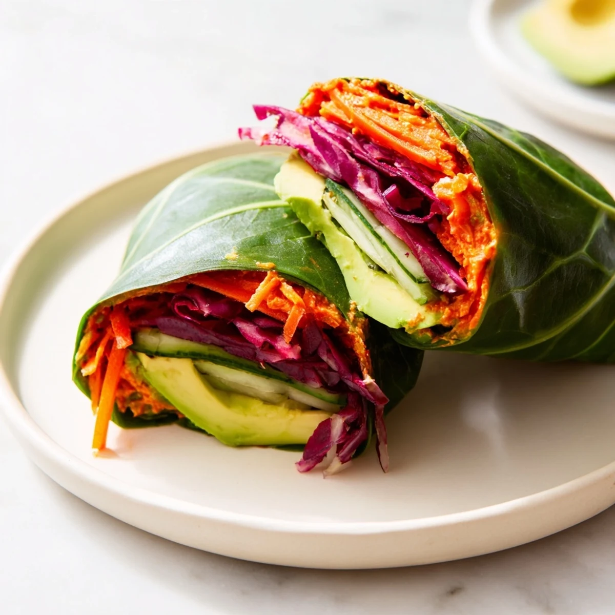 A serving platter holds Roasted Red Pepper and Walnut Dip Collard Wraps, cut in half to show layered fillings.