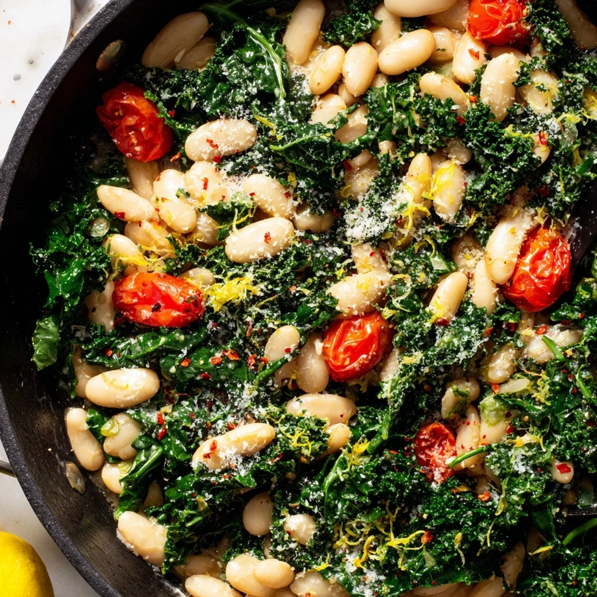A spoon scooping up the warm Herby White Bean and Kale Skillet with visible lemon zest and fresh herbs for a quick weeknight dinner.