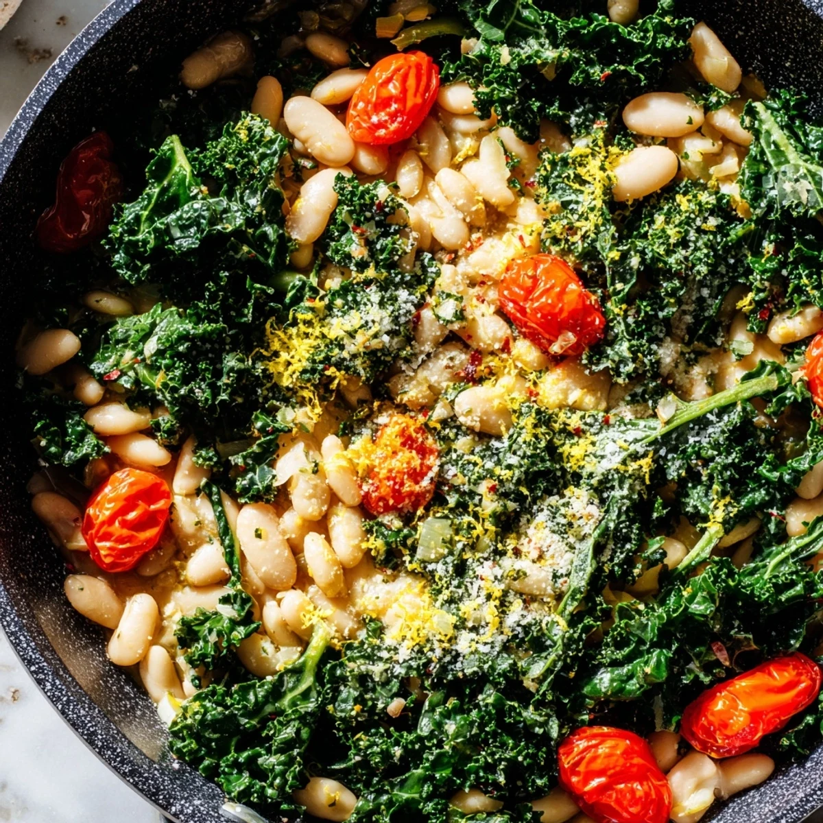 Serving suggestion for Herby White Bean and Kale Skillet topped with grated Parmesan cheese next to a glass of white wine.