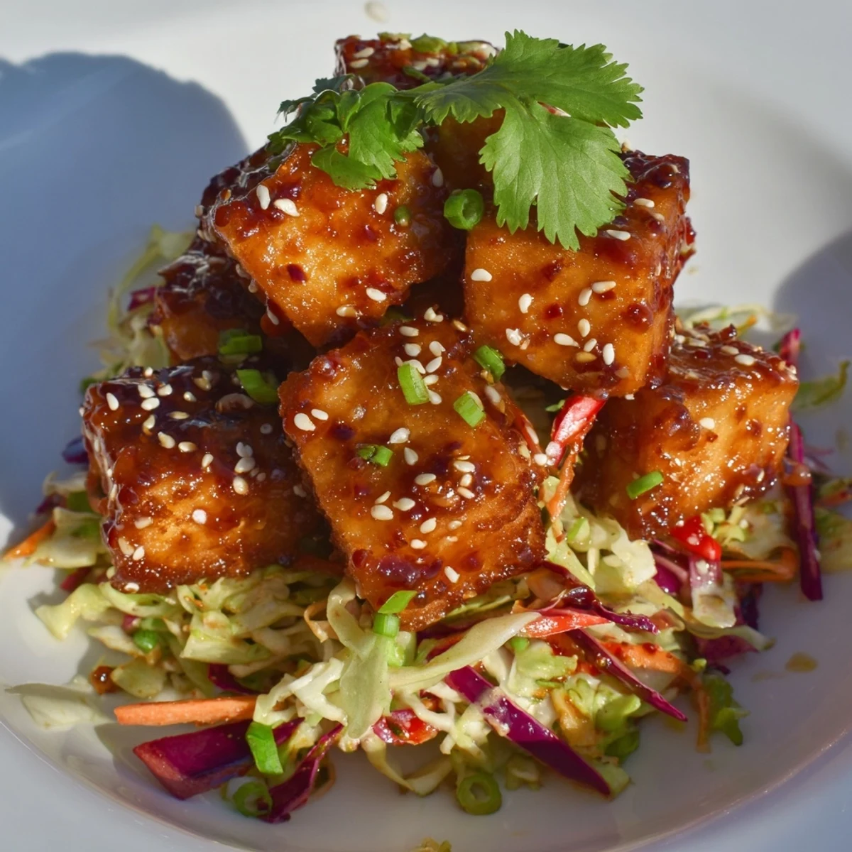 Golden crispy tofu cubes glistening with chili lime glaze sit atop a colorful cabbage slaw, ready to serve.